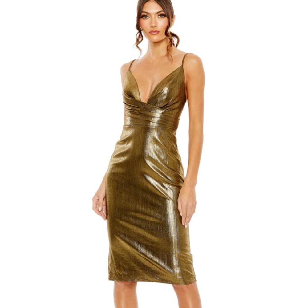 IEENA FOR MAC DUGGAL bronze shimmer metallic faux wrap cocktail dress